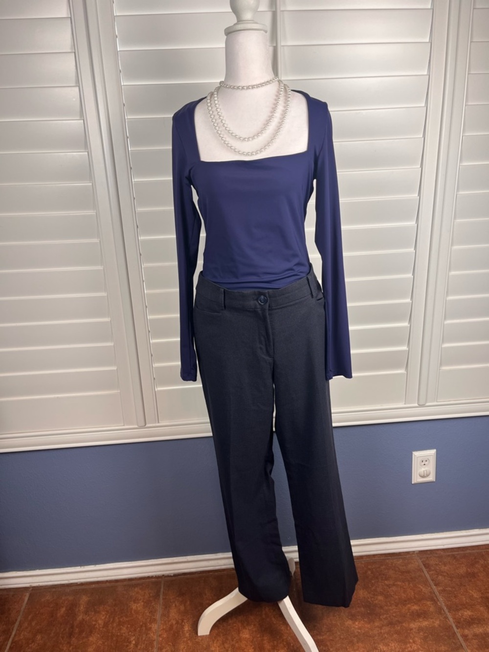 LOFT Petites Houndstooth Straight Leg Career Trousers Navy Blue Pants Petite 10P